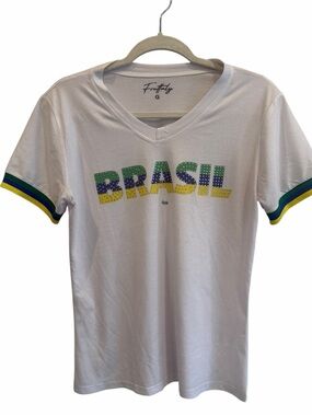 Fruitaly‎ Brazil Rhinestone Graphic T-Shirt White Green Yellow Blue Size large